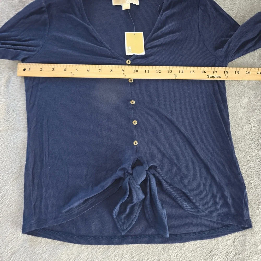 Michael Kors Navy Ribbed Tie‎ Front Button Top Womens Size Medium NWT New